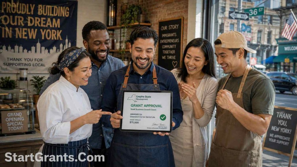 Diverse immigrant entrepreneurs in New York City reviewing NYS small business grants on a tablet.