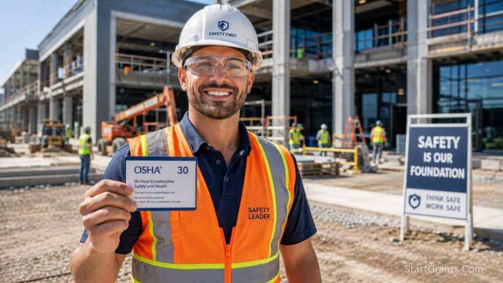 A construction safety manager proudly holding an OSHA 30 certification card on a job site.