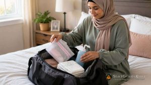 A mother packing free postpartum recovery supplies and baby diapers into her hospital bag before discharge.