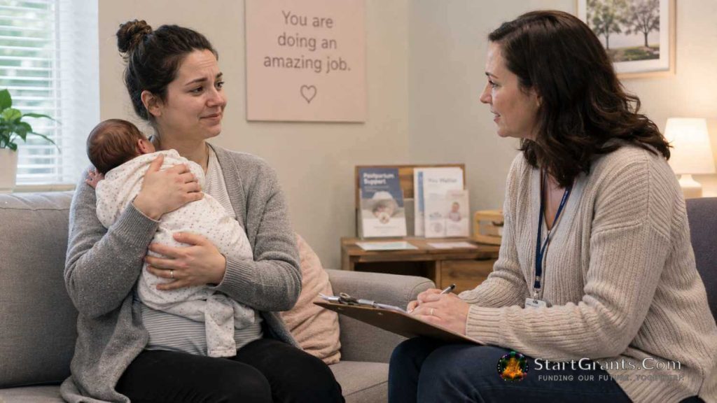A new mother holding her baby while speaking with a postpartum mental health counselor.