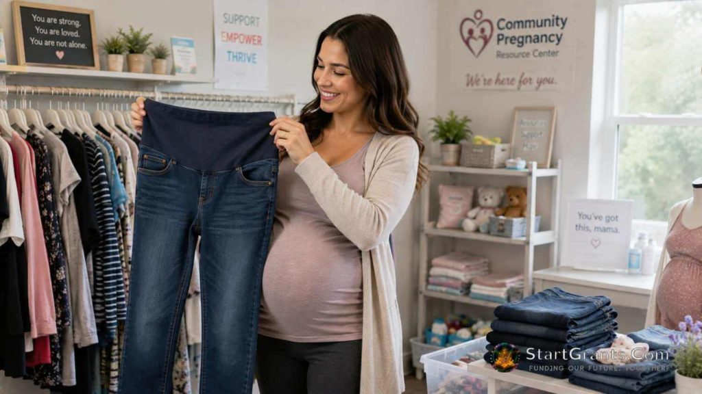 A pregnant woman selecting maternity jeans at a community clothing closet.