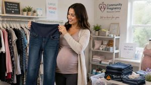A pregnant mother selecting free maternity jeans at a local pregnancy resource center.