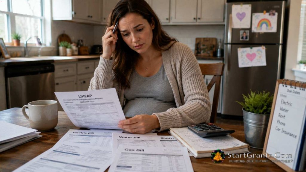 Pregnant applicant reviewing TANF paperwork and household financial records at home