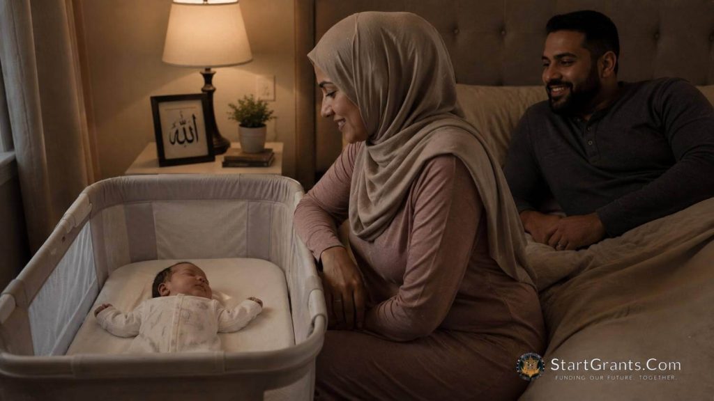 A newborn sleeping safely in a minimalist bassinet next to a Muslim mother.