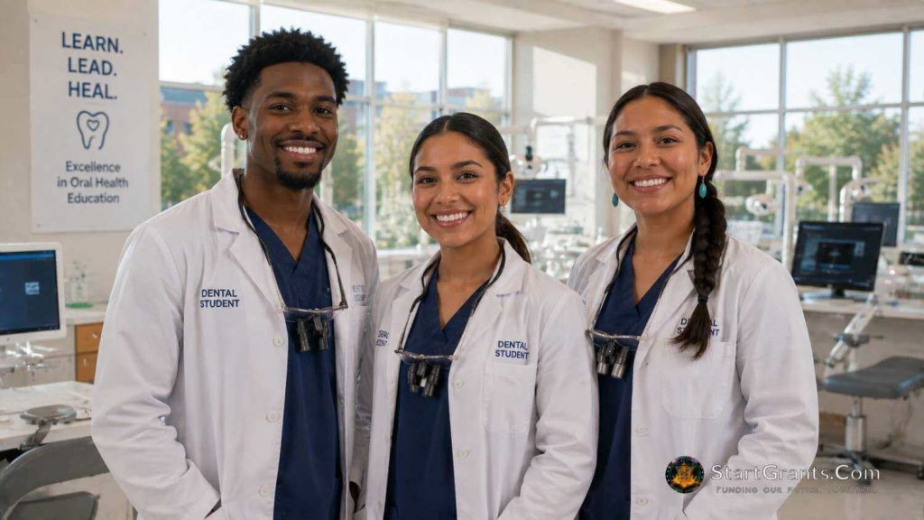A diverse group of minority dental students in white coats standing in a university clinic.