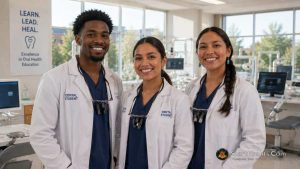 A diverse group of minority dental students in white coats standing in a university clinic.