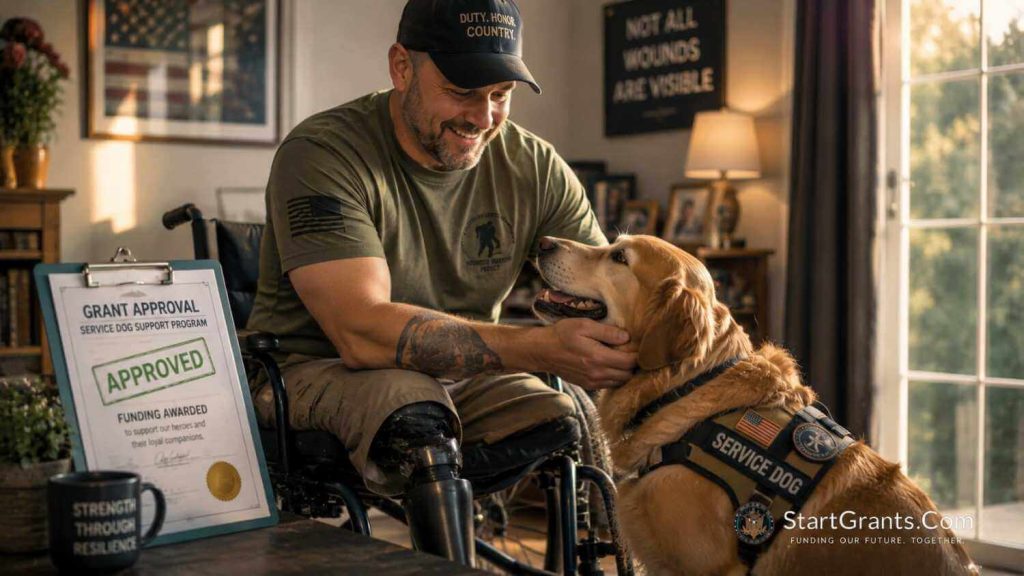 A disabled military veteran with a highly trained service dog funded by government and private grants.