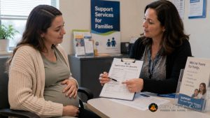 A social worker explaining TANF work requirements to a pregnant applicant.