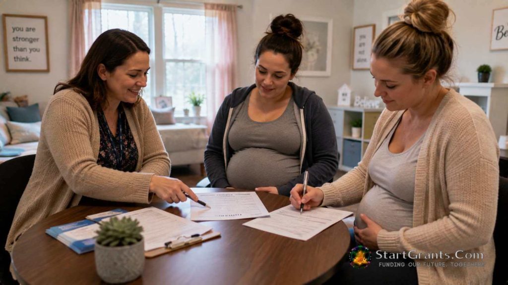 Housing caseworker helping pregnant parents complete assistance paperwork