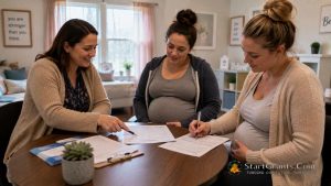 A social worker helping young pregnant mothers complete financial assistance paperwork at a group home.