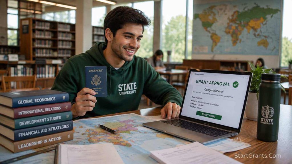 A college student with a passport reviewing summer study abroad scholarships and grant approvals on a laptop.