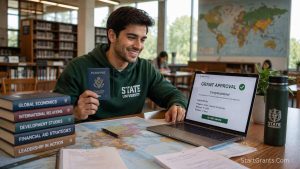 A college student with a passport reviewing summer study abroad scholarships and grant approvals on a laptop.