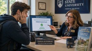 A college student securing a Supplemental Educational Opportunity Grant (FSEOG) with a financial aid counselor.