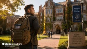 A military veteran student carrying a backpack, walking towards the iconic brick buildings of a private Ivy League university.