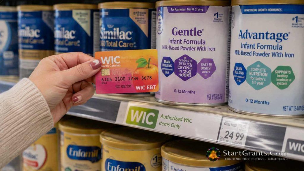 A parent using a WIC EBT card to purchase approved infant formula at a grocery store.