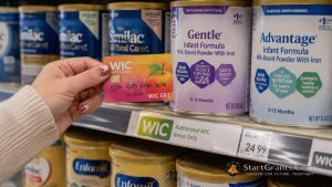 A mother using a WIC EBT card to purchase infant formula at a grocery store.