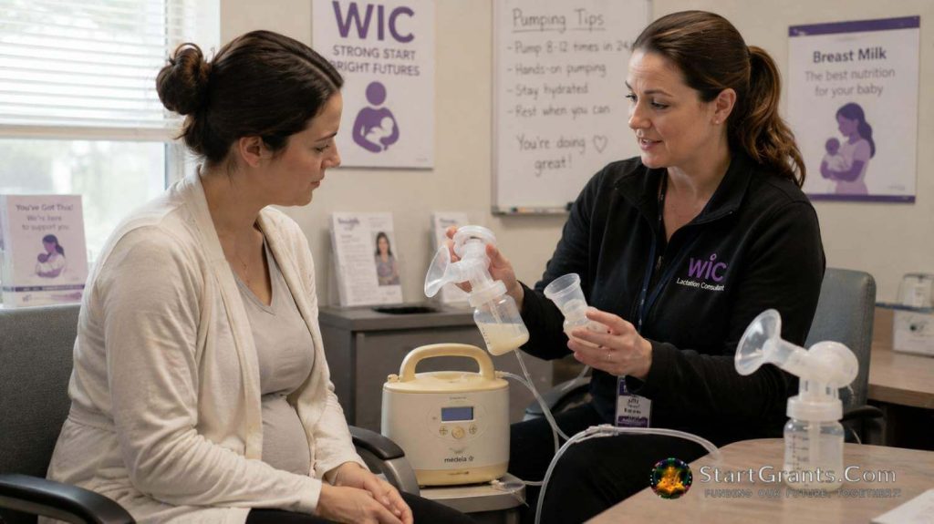 A WIC lactation professional helping a new mother learn how to use a breast pump.