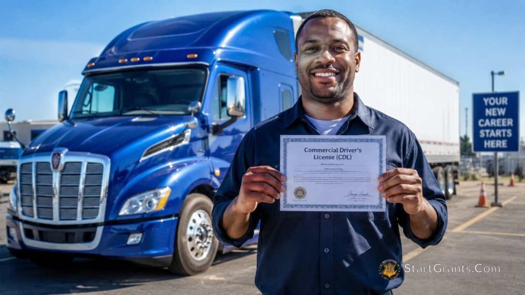 A successful truck driver holding his new CDL certificate in front of a semi-truck after completing a WIOA grant program.