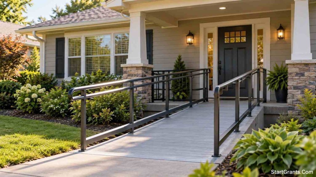 An empty wheelchair ramp leading to the entrance of an accessible home.