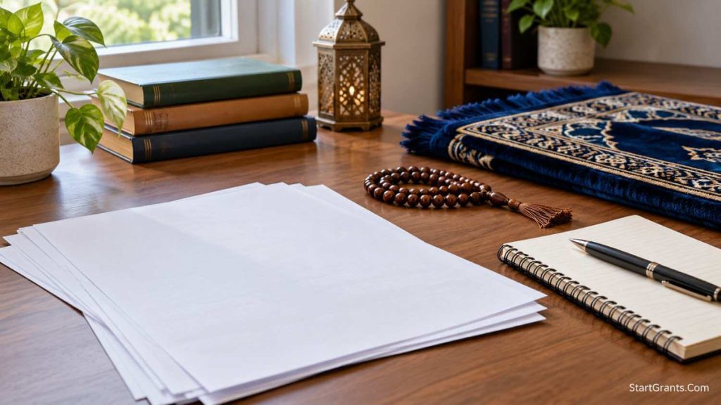 Scholarship paperwork, a notebook, prayer beads, and a folded prayer rug arranged on a desk.