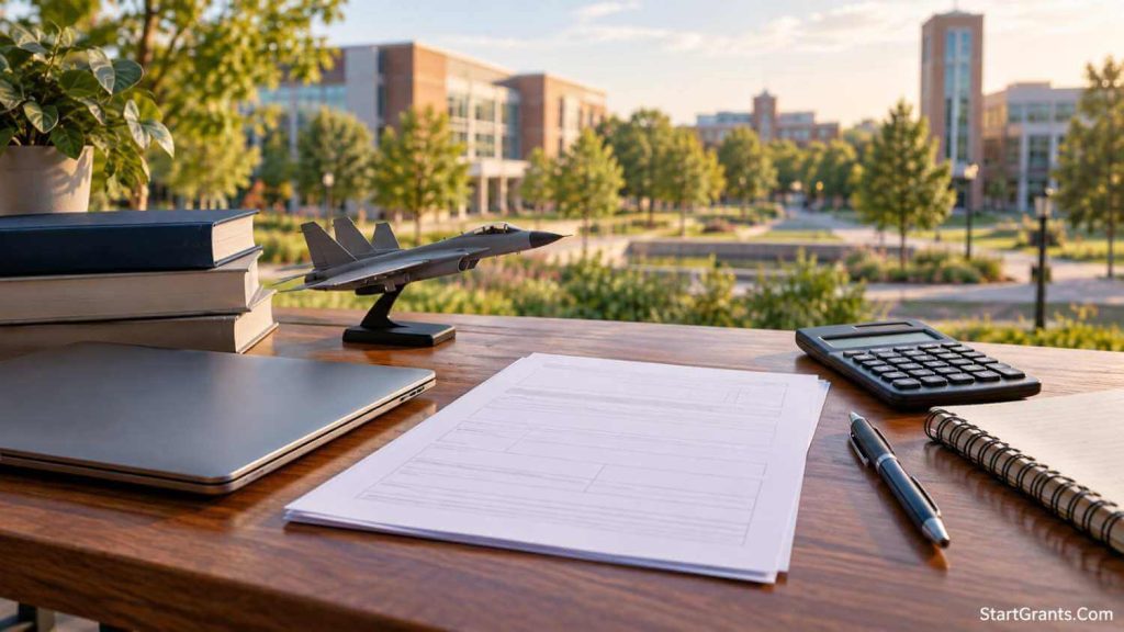 Scholarship planning papers, a calculator, and a notebook on a desk with a university campus in the background.
