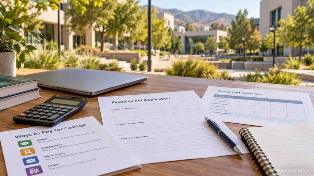Financial aid forms, a calculator, and a notebook on a desk with a university campus in the background.