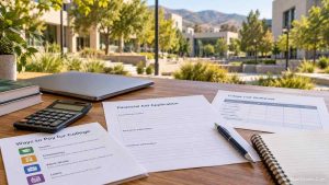 Financial aid forms, a calculator, and a notebook on a desk with a university campus in the background.