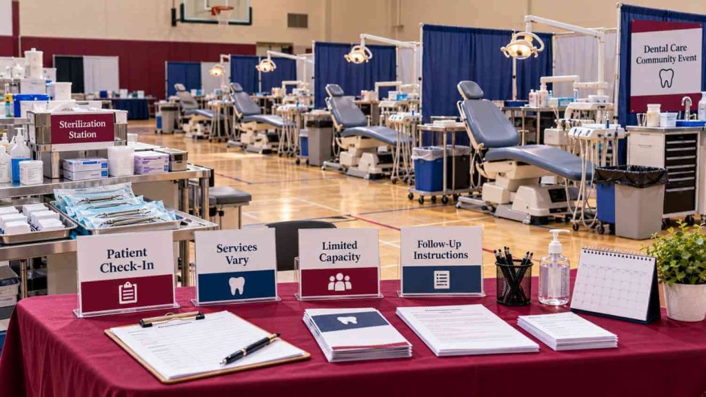 Empty charitable dental clinic with portable chairs, registration table, sealed supplies, and service information cards