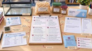 Classroom pet care checklist with an empty habitat, cleaning supplies, school approval form, and reimbursement documents