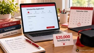 Laptop with a scholarship application, graduation cap, books, and a calendar marking the September 30 deadline
