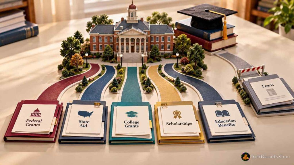 Five funding pathways for federal grants, state aid, college grants, scholarships, and education benefits leading to a college