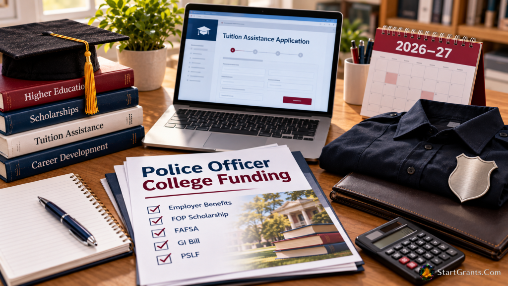 Laptop with tuition assistance forms, graduation cap, books, calculator, and unbranded police uniform representing college funding for police officers