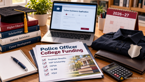 Laptop with tuition assistance forms, graduation cap, books, calculator, and unbranded police uniform representing college funding for police officers