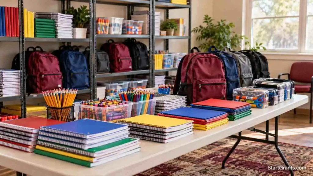 Backpacks, notebooks, and school supplies arranged on shelves in a community resource room.