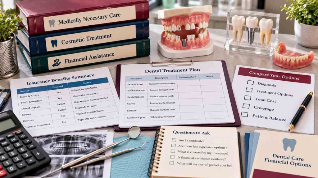 Dental treatment plan with tooth models, insurance summary, calculator, and folders for medical, cosmetic, and financial assistance