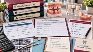 Dental treatment plan with tooth models, insurance summary, calculator, and folders for medical, cosmetic, and financial assistance
