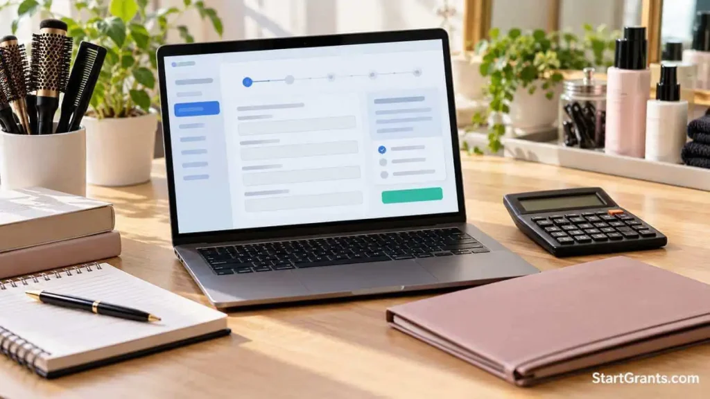 Laptop with a generic financial-aid application beside a calculator and notebook.