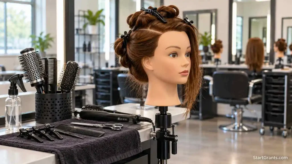 Cosmetology mannequin head with sectioned hair beside combs and styling tools.