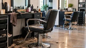 Empty salon training area with cluttered supplies and a worn styling chair.