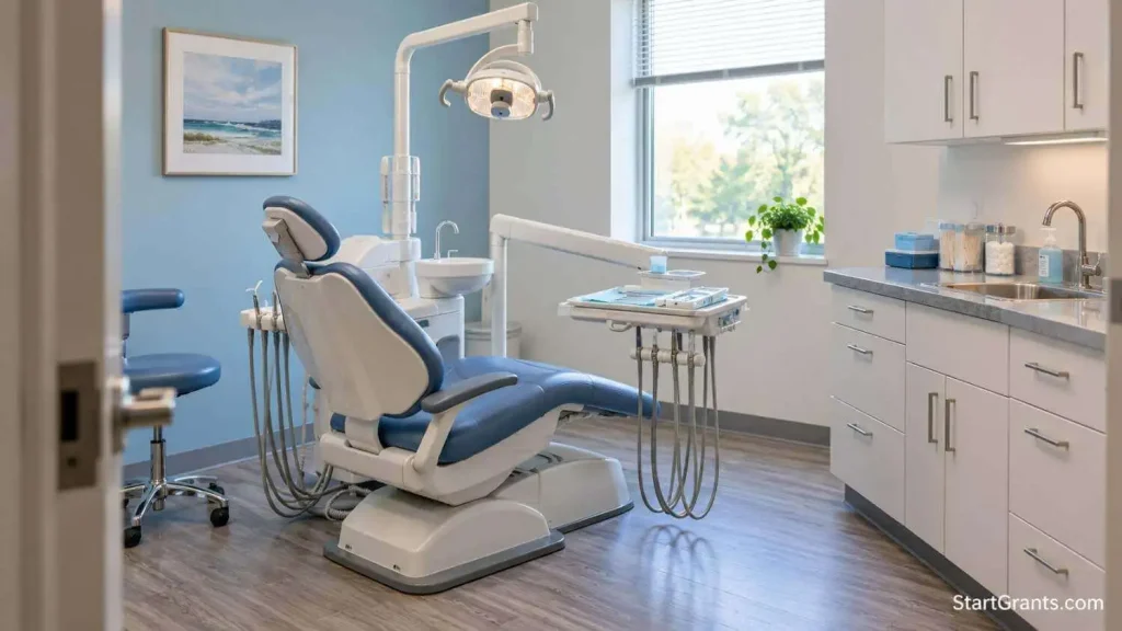 Empty dental treatment room with a dental chair, examination light, and supply cabinets.