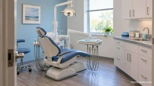 Empty dental treatment room with a dental chair, examination light, and supply cabinets.