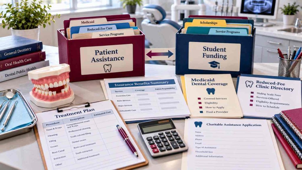 Dental model with patient-assistance and student-funding folders, treatment costs, Medicaid information, and scholarship documents