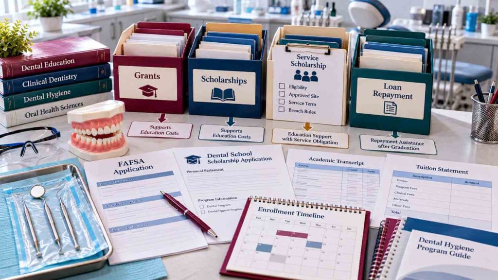 Dental education workstation with folders for grants, scholarships, service scholarships, and loan-repayment programs