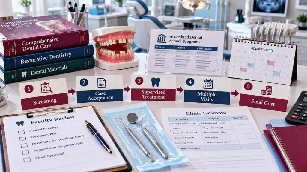 Dental school clinic pathway with screening cards, faculty review form, appointment calendar, dental model, and itemized estimate