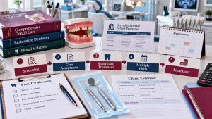 Dental school clinic pathway with screening cards, faculty review form, appointment calendar, dental model, and itemized estimate