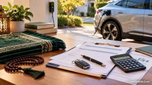 Electric car key and financing papers beside prayer beads and a folded prayer rug.