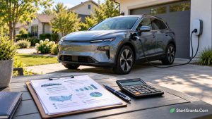 Electric car parked at home beside a charging cable and incentive-planning papers