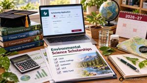 Laptop with environmental science scholarship forms, graduation cap, books, water and soil samples, map, and a 2026–27 calendar