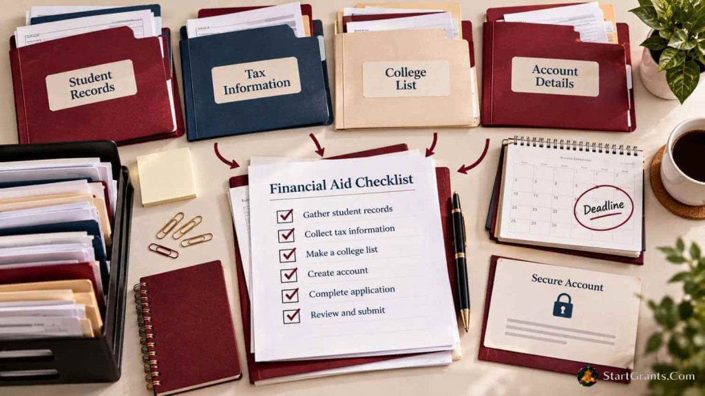 Organized folders for student records, tax information, college choices, and FAFSA account details beside a deadline checklist