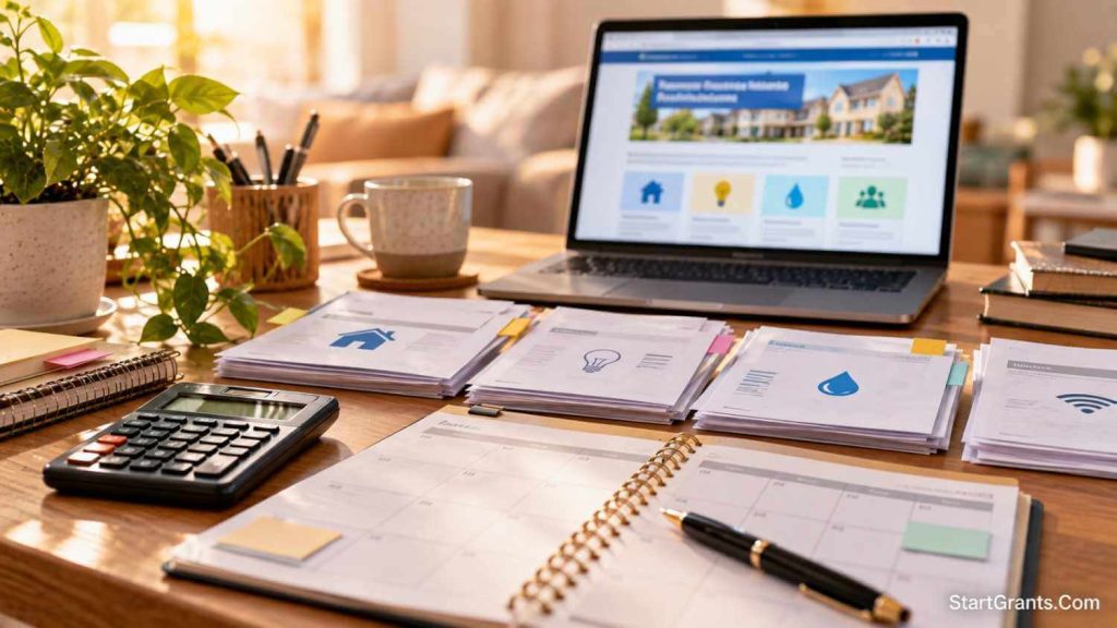 Household bills, a calculator, and a monthly planner arranged on a desk.